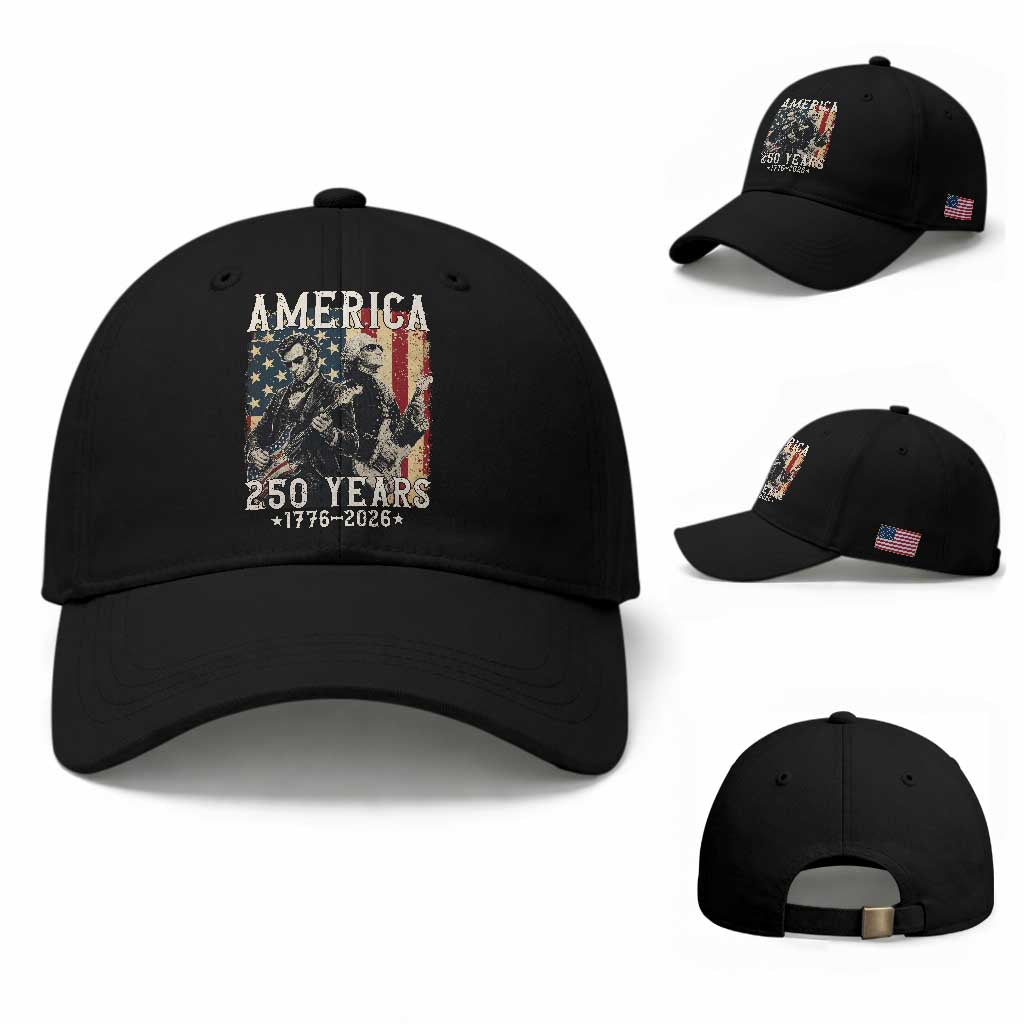 George Washington Abe Lincoln Playing Guitar Baseball Cap USA 250th Anniversary Guitarist Graphic TS12 Baseball Cap Universal Fit Black Print Your Wear