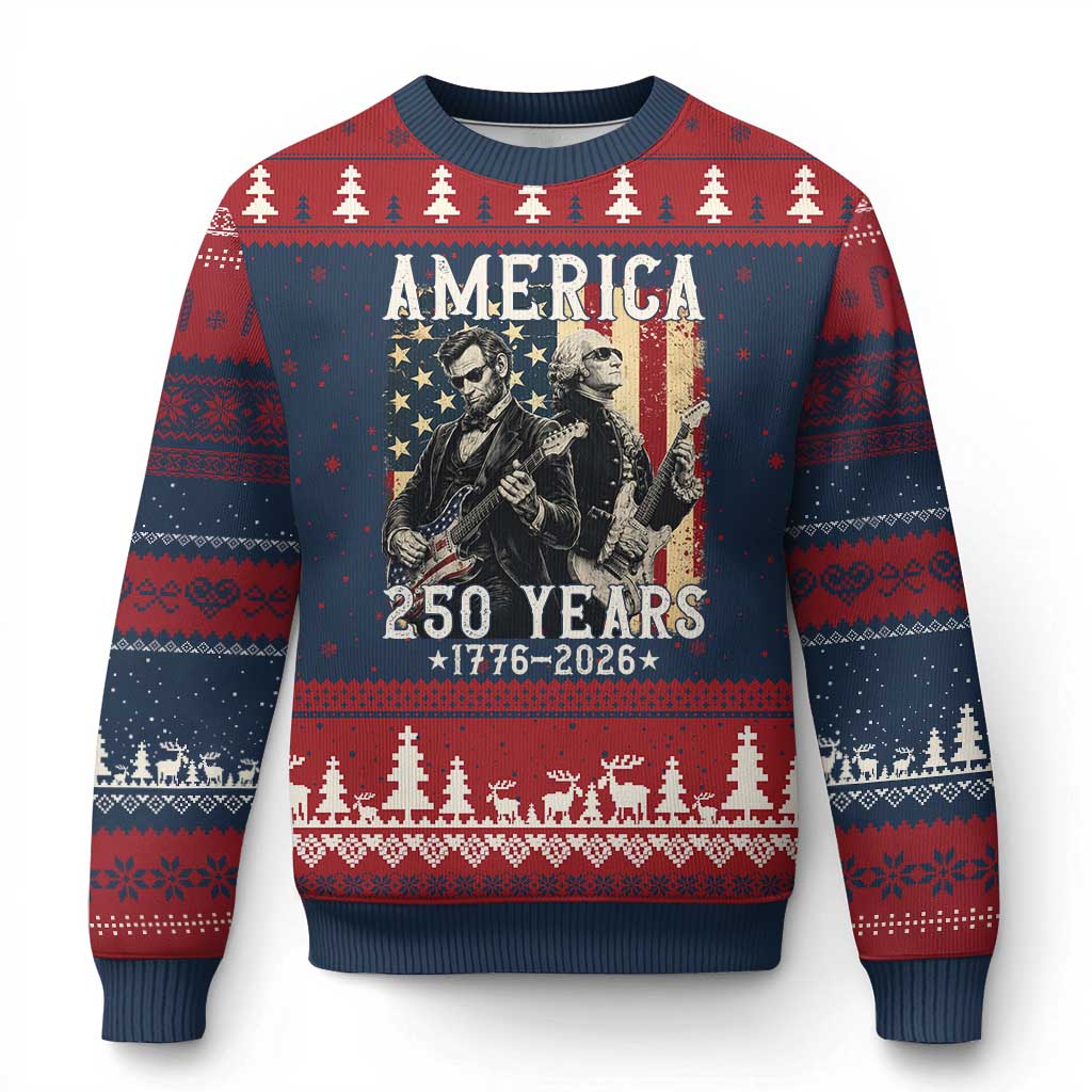 George Washington Abe Lincoln Playing Guitar Ugly Christmas Sweater USA 250th Anniversary Guitarist Graphic TS12 Navy Red Print Your Wear
