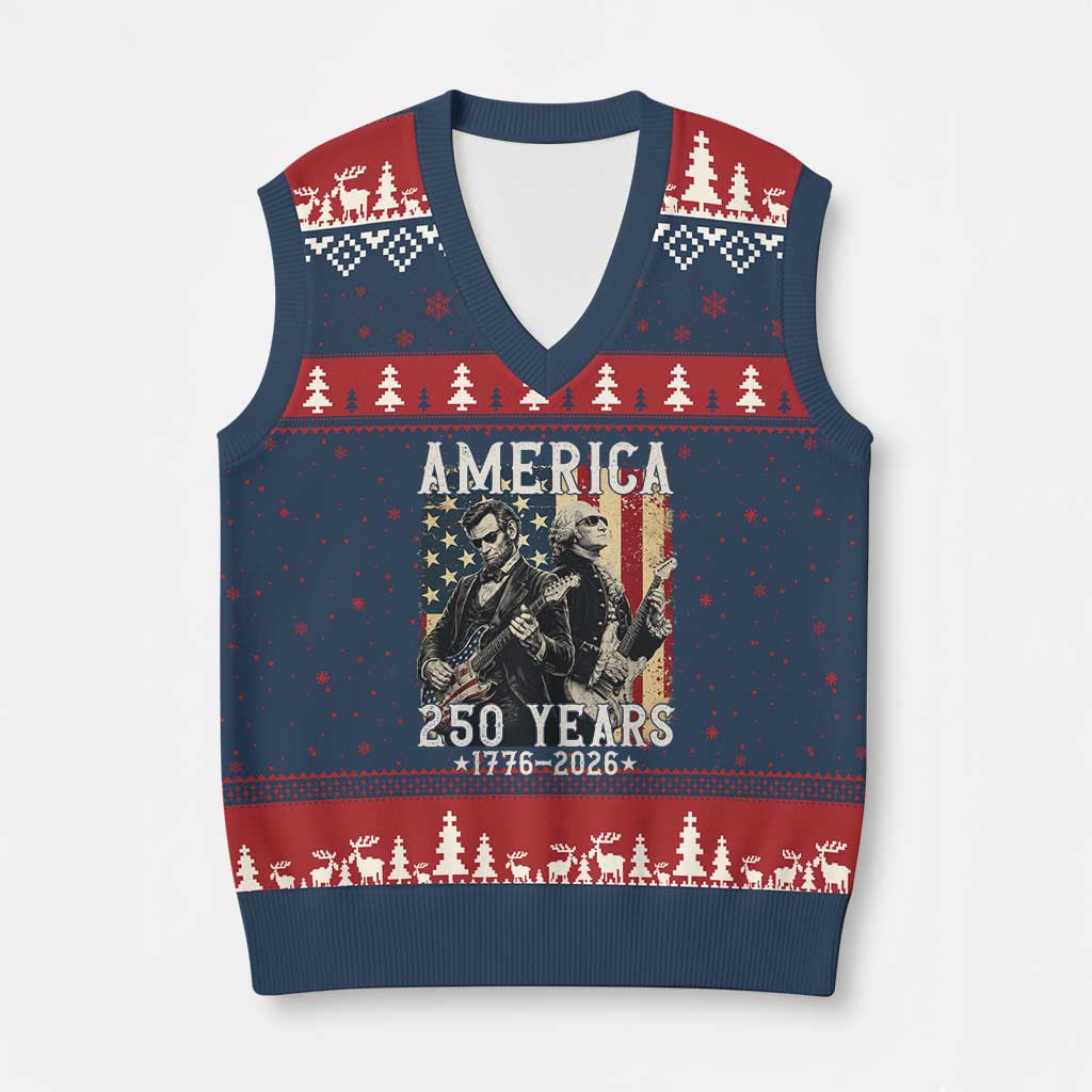 George Washington Abe Lincoln Playing Guitar V-Neck Knit Sweater Vest USA 250th Anniversary Guitarist Graphic