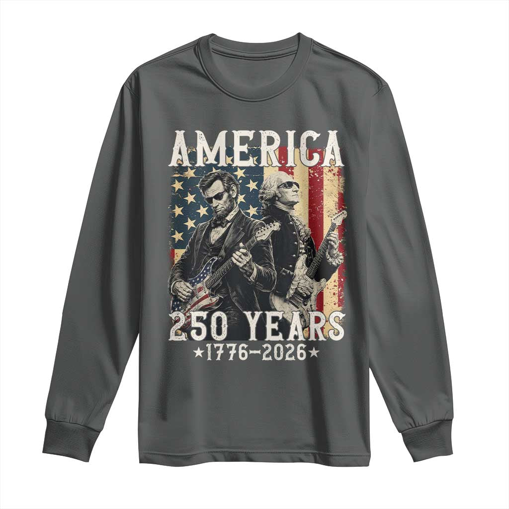 George Washington Abe Lincoln Playing Guitar Long Sleeve Shirt USA 250th Anniversary Guitarist Graphic TS12 Dark Heather Print Your Wear