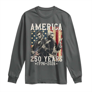 George Washington Abe Lincoln Playing Guitar Long Sleeve Shirt USA 250th Anniversary Guitarist Graphic TS12 Dark Heather Print Your Wear