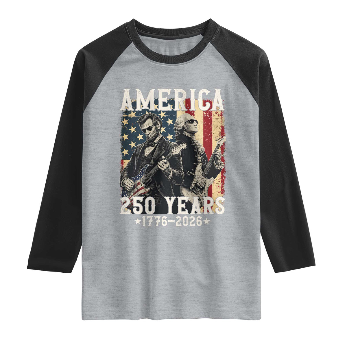 George Washington Abe Lincoln Playing Guitar Raglan Shirt USA 250th Anniversary Guitarist Graphic TS12 Heather Gray Black Print Your Wear
