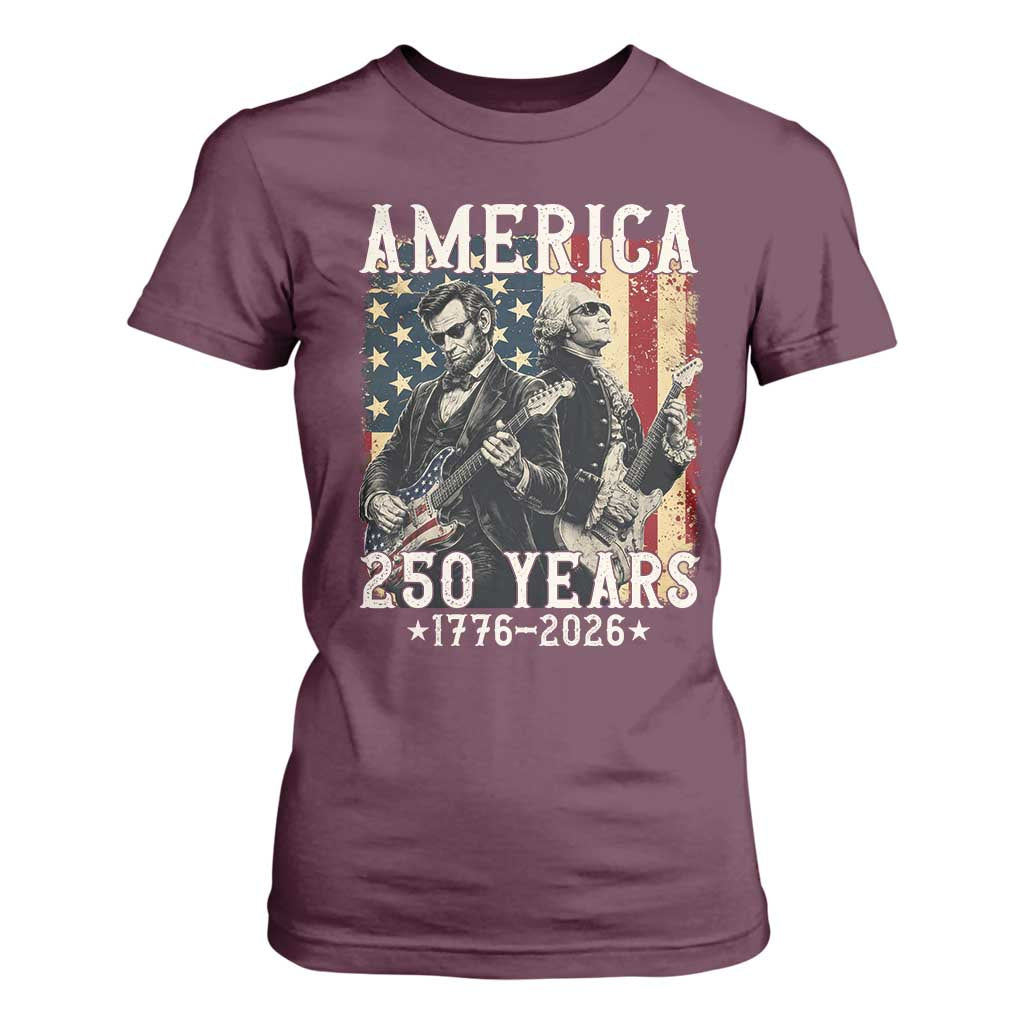 George Washington Abe Lincoln Playing Guitar T Shirt For Women USA 250th Anniversary Guitarist Graphic TS12 Maroon Print Your Wear