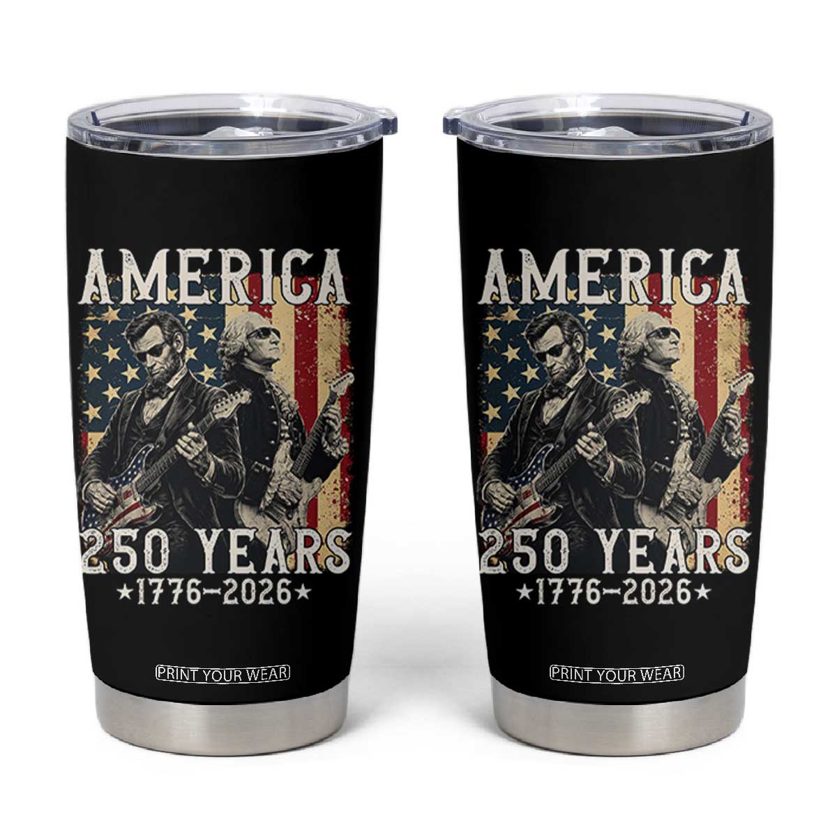 George Washington Abe Lincoln Playing Guitar Tumbler Cup USA 250th Anniversary Guitarist Graphic