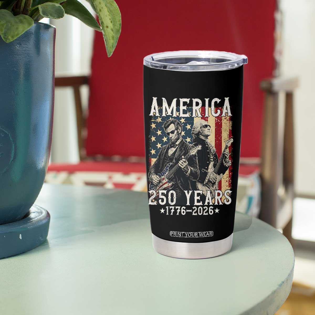 George Washington Abe Lincoln Playing Guitar Tumbler Cup USA 250th Anniversary Guitarist Graphic TS12 Print Your Wear