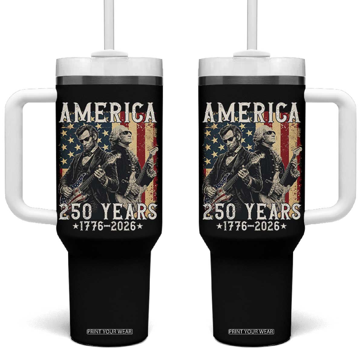 George Washington Abe Lincoln Playing Guitar Tumbler With Handle USA 250th Anniversary Guitarist Graphic TS12 One Size: 40 oz Black Print Your Wear