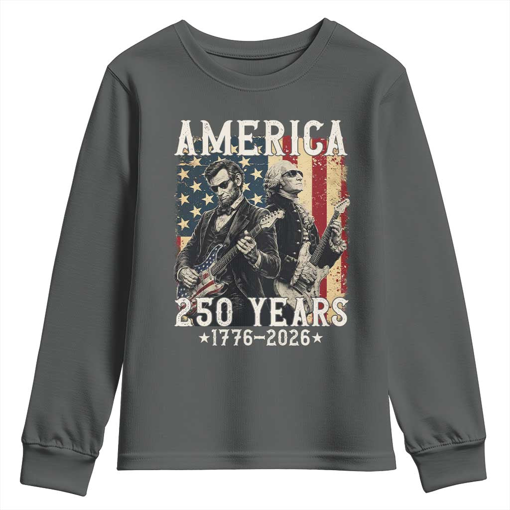 George Washington Abe Lincoln Playing Guitar Youth Sweatshirt USA 250th Anniversary Guitarist Graphic TS12 Dark Heather Print Your Wear