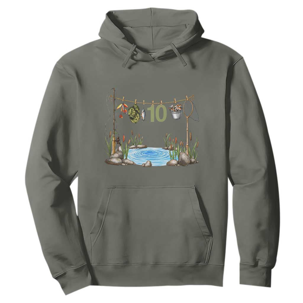 10th Birthday Fishing Hoodie Fisherman Birthday Party Gift TS12 Military Green Print Your Wear