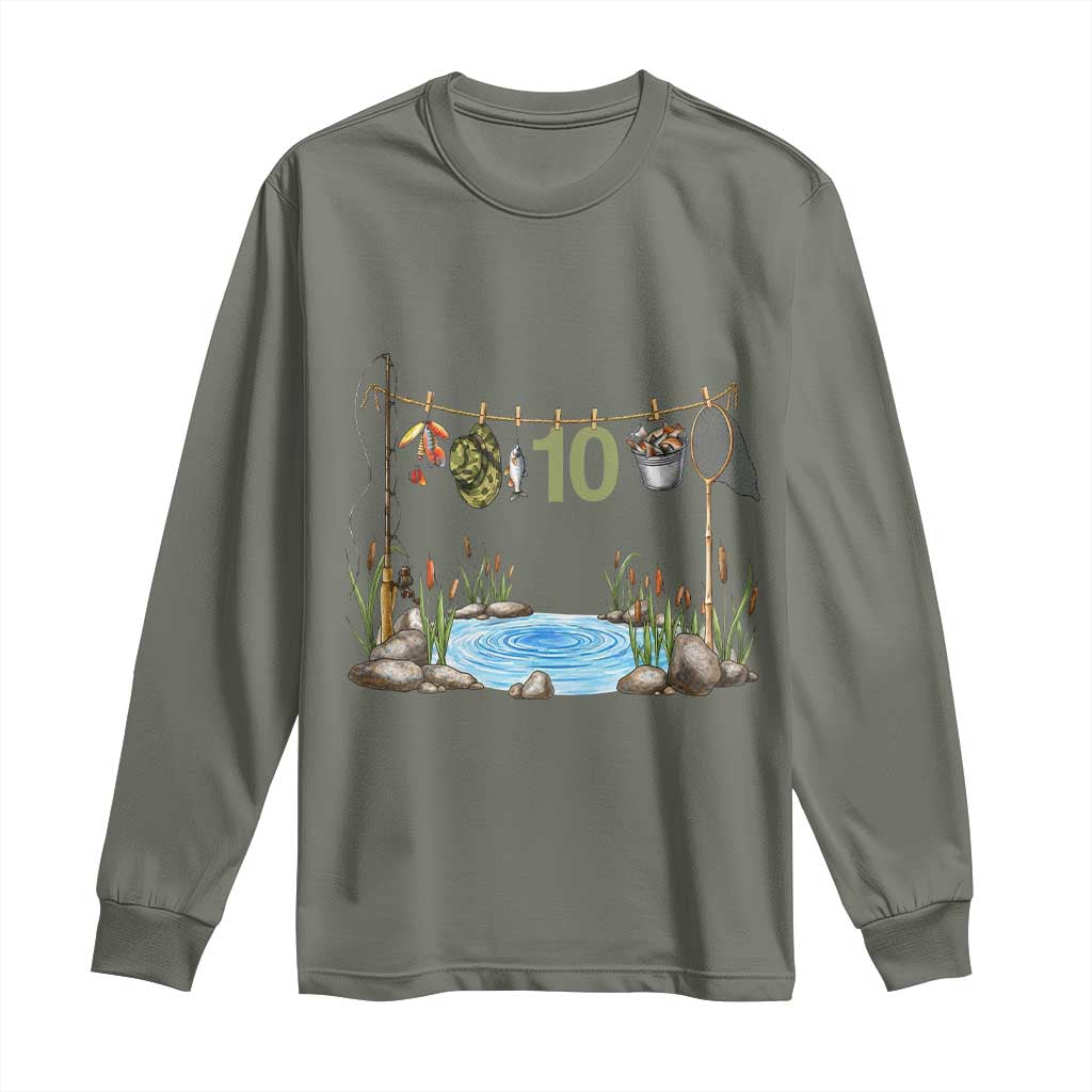 10th Birthday Fishing Long Sleeve Shirt Fisherman Birthday Party Gift TS12 Military Green Print Your Wear