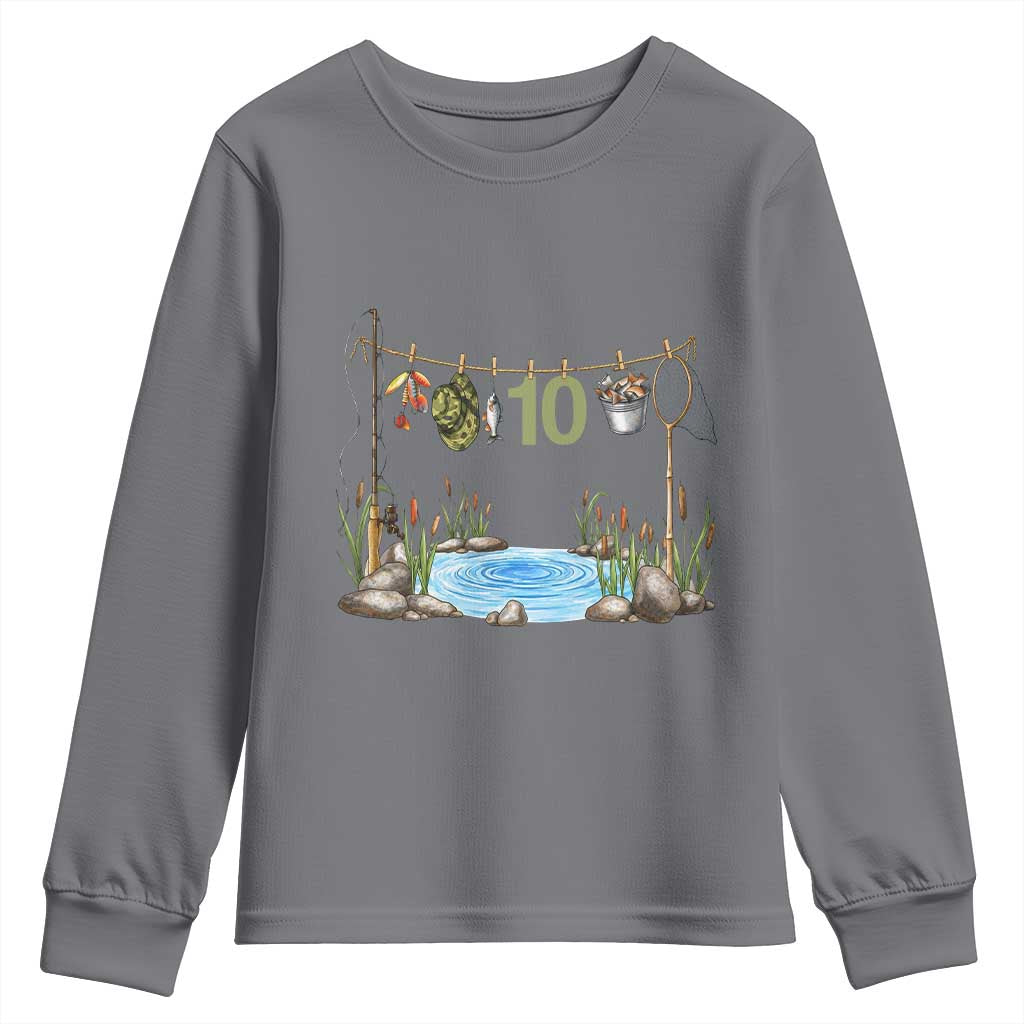 10th Birthday Fishing Youth Sweatshirt Fisherman Birthday Party Gift TS12 Charcoal Print Your Wear