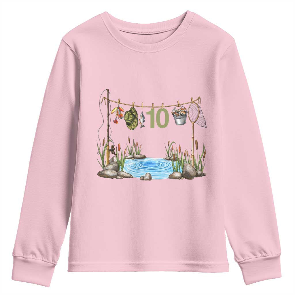 10th Birthday Fishing Youth Sweatshirt Fisherman Birthday Party Gift TS12 Light Pink Print Your Wear