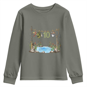 10th Birthday Fishing Youth Sweatshirt Fisherman Birthday Party Gift TS12 Military Green Print Your Wear