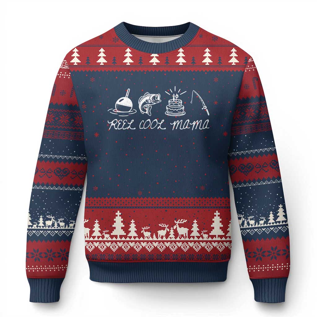 Reel Cool Mama Ugly Christmas Sweater Funny Fishing Mom Birthday Gift TS12 Navy Red Print Your Wear