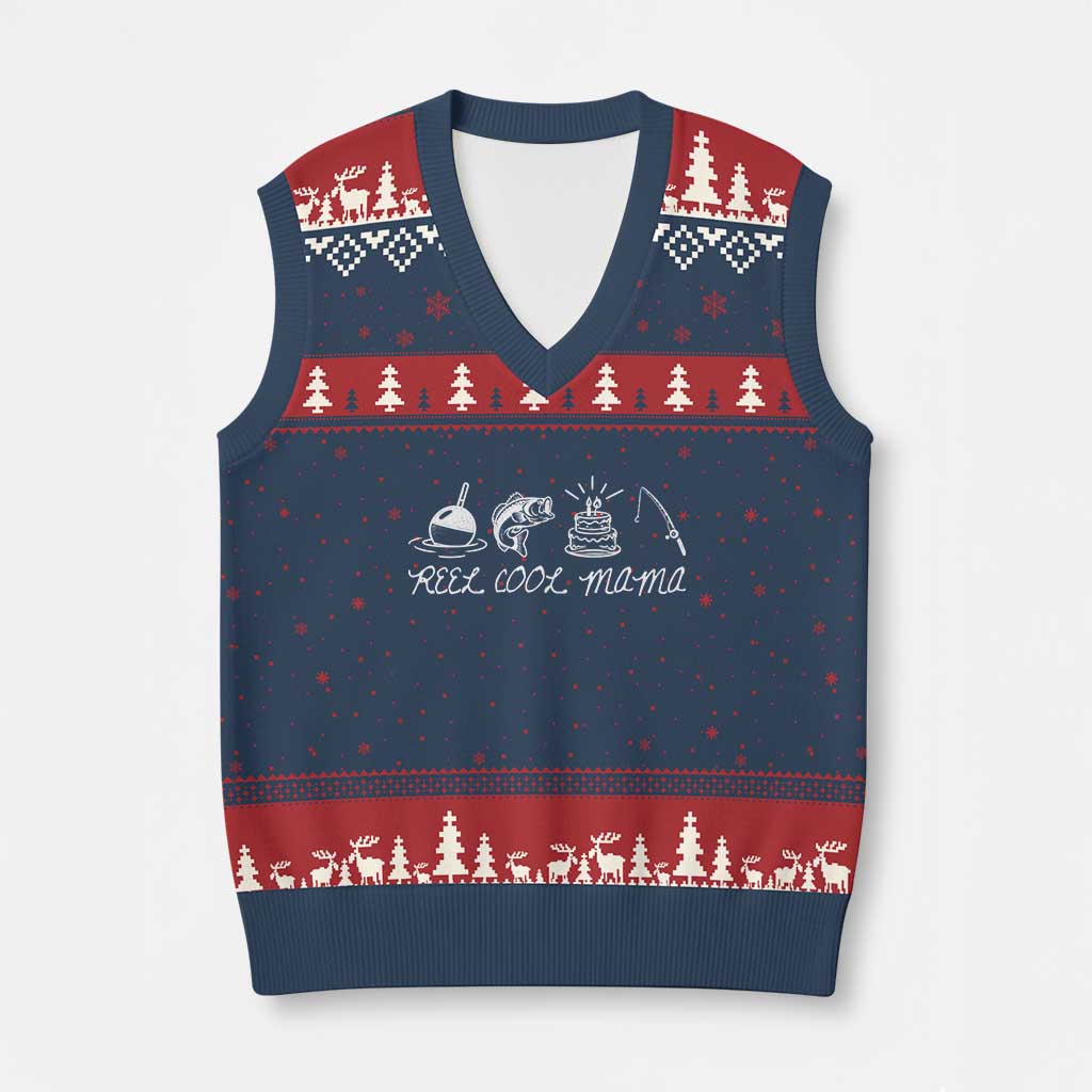 Reel Cool Mama V-Neck Knit Sweater Vest Funny Fishing Mom Birthday Gift TS12 Navy Red Print Your Wear