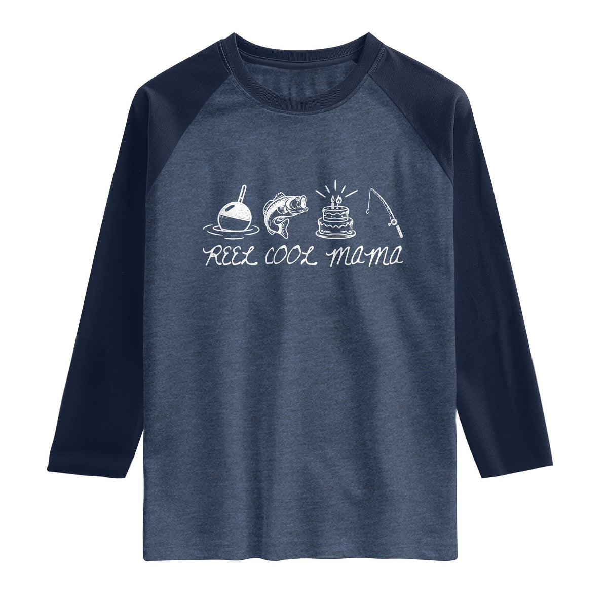 Reel Cool Mama Raglan Shirt Funny Fishing Mom Birthday Gift TS12 Heather Denim Navy Print Your Wear