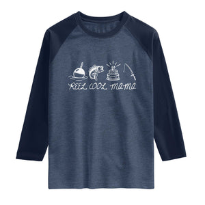 Reel Cool Mama Raglan Shirt Funny Fishing Mom Birthday Gift TS12 Heather Denim Navy Print Your Wear
