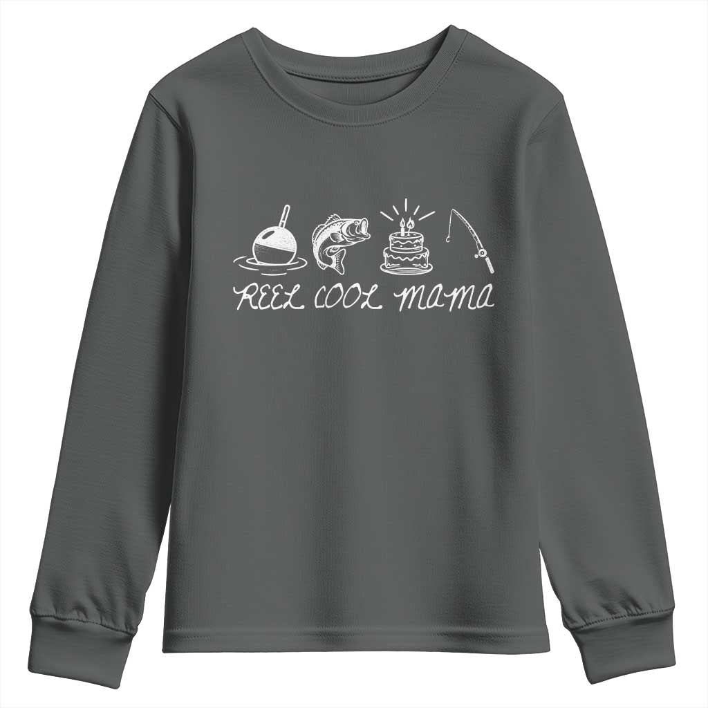 Reel Cool Mama Youth Sweatshirt Funny Fishing Mom Birthday Gift TS12 Dark Heather Print Your Wear
