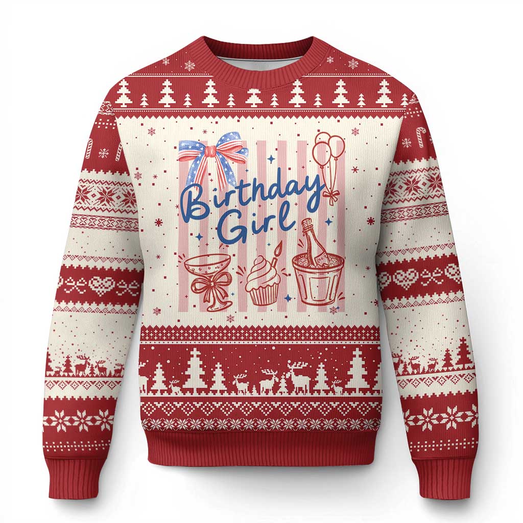 Patriotic Birthday Girl Ugly Christmas Sweater Red White And Blue Party Graphic TS12 Beige Red Print Your Wear