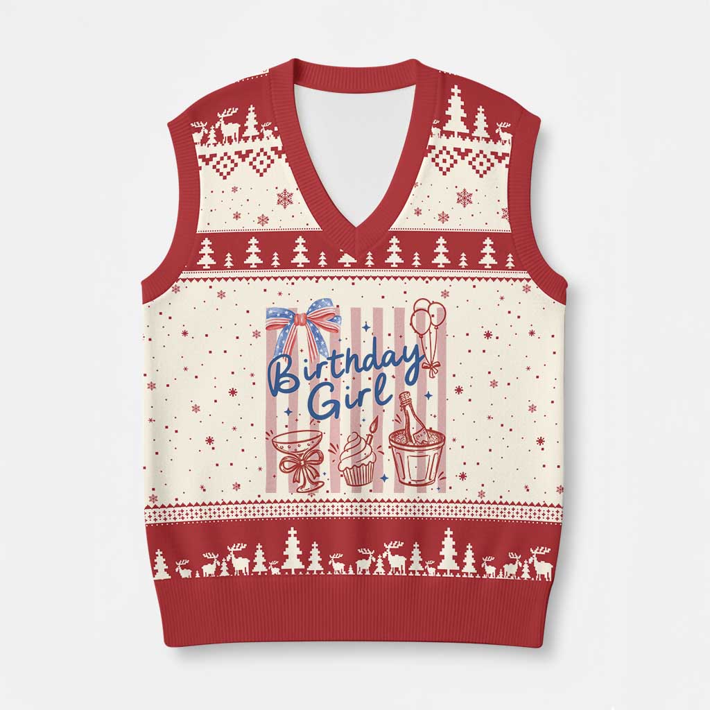 Patriotic Birthday Girl V-Neck Knit Sweater Vest Red White And Blue Party Graphic TS12 Beige Red Print Your Wear