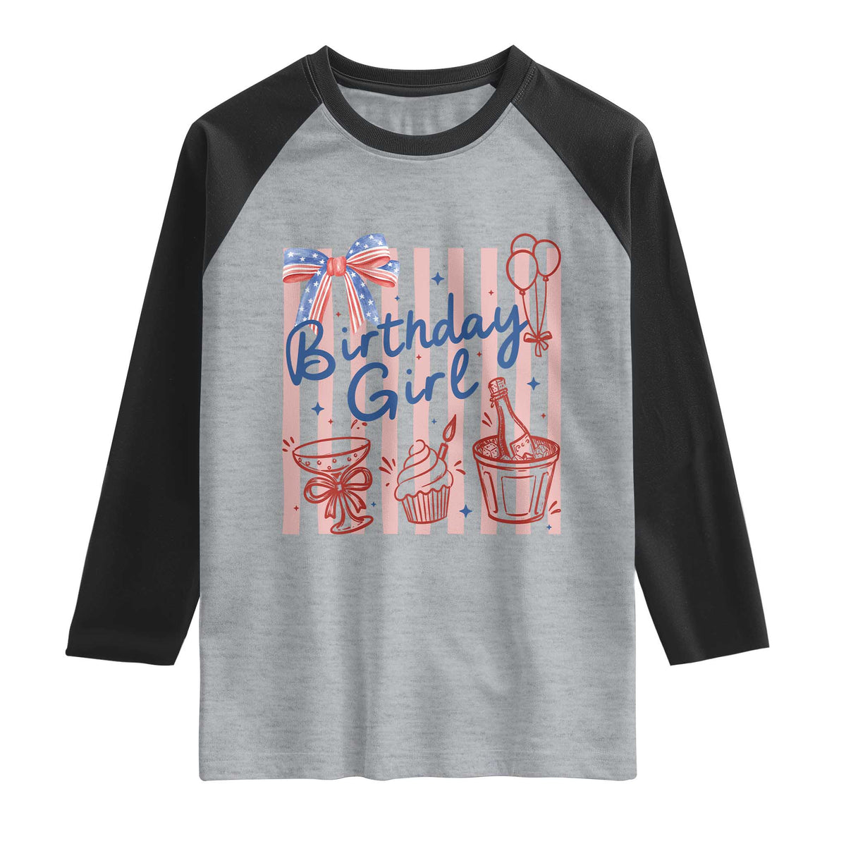 Patriotic Birthday Girl Raglan Shirt Red White And Blue Party Graphic TS12 Heather Gray Black Print Your Wear