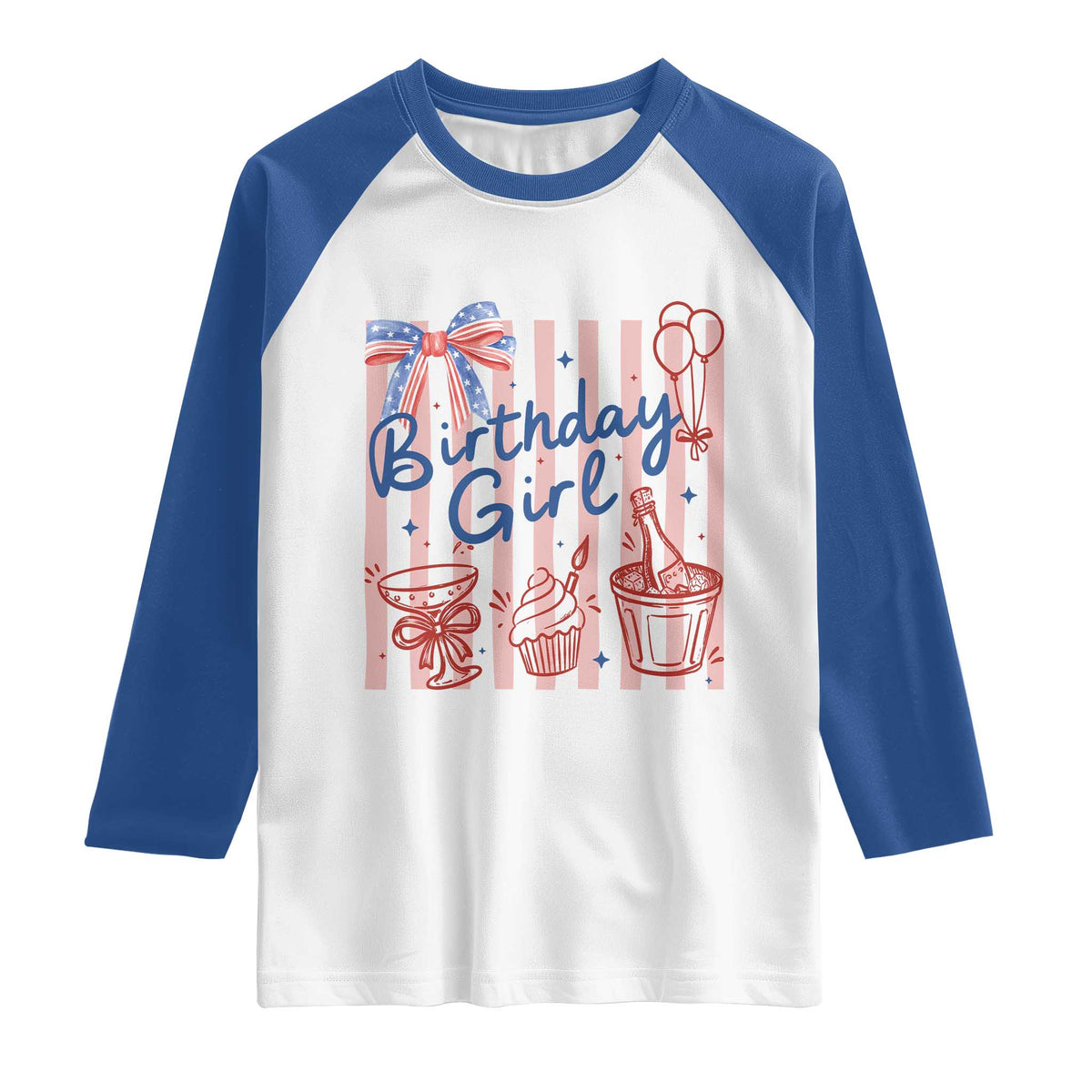 Patriotic Birthday Girl Raglan Shirt Red White And Blue Party Graphic TS12 White Royal Print Your Wear