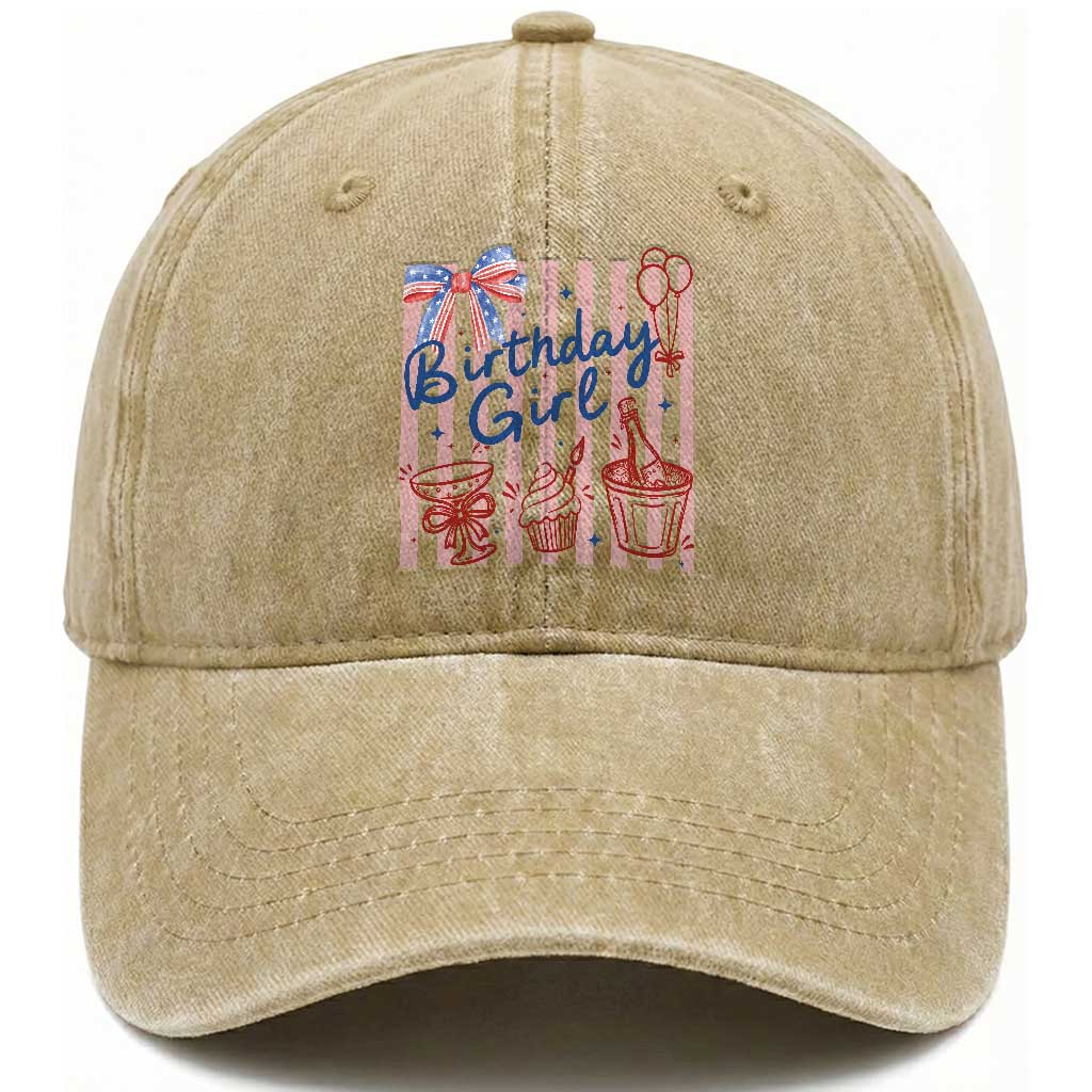 Patriotic Birthday Girl Washed Cotton Baseball Cap Red White And Blue Party Graphic TS12 Print Your Wear