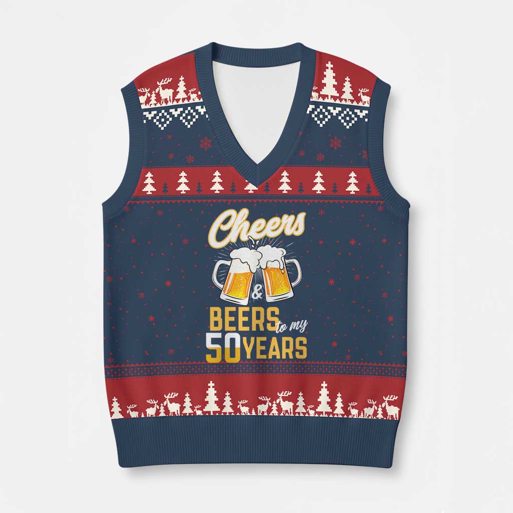 50th Birthday Party Gift V-Neck Knit Sweater Vest Cheers Beers To My 50 Years TS12 Navy Red Print Your Wear