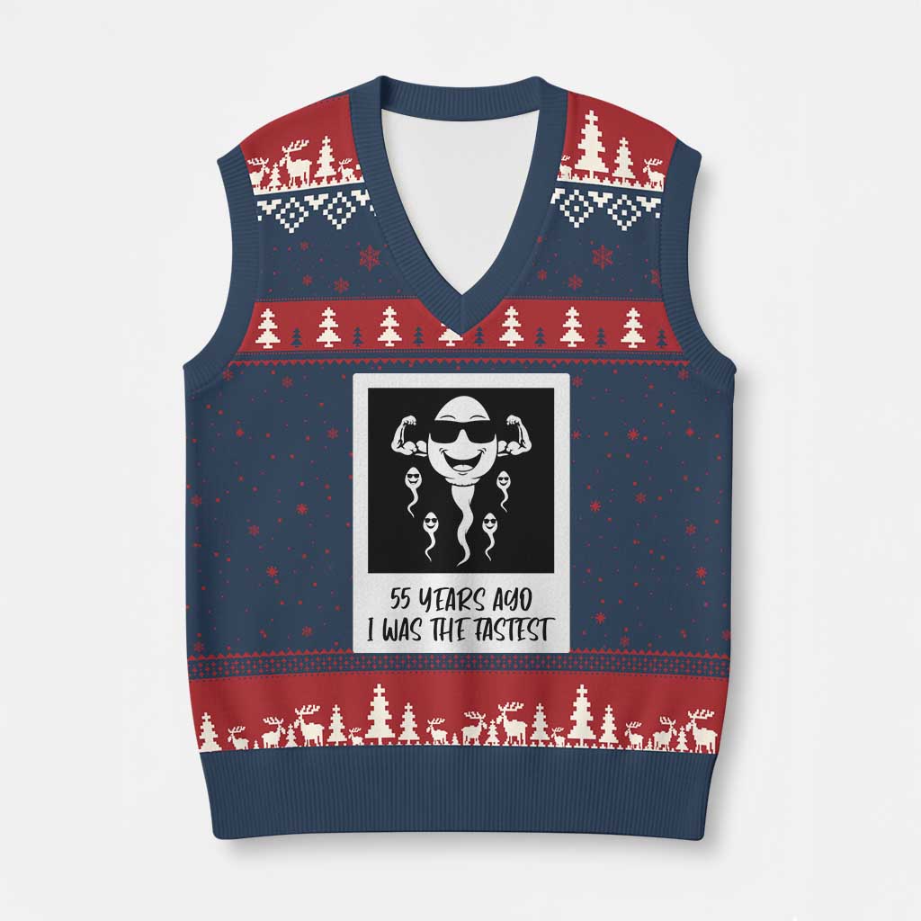 55 Years Ago I Was The Fastest V-Neck Knit Sweater Vest Funny 55th Birthday Milestone Graphic TS12 Navy Red Print Your Wear