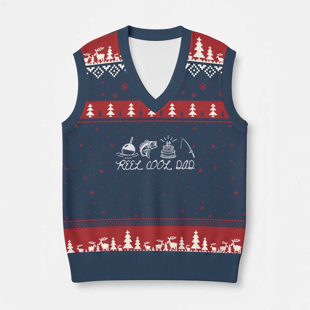 Reel Cool Dad V-Neck Knit Sweater Vest Funny Fishing Dad Birthday Gift TS12 Navy Red Print Your Wear