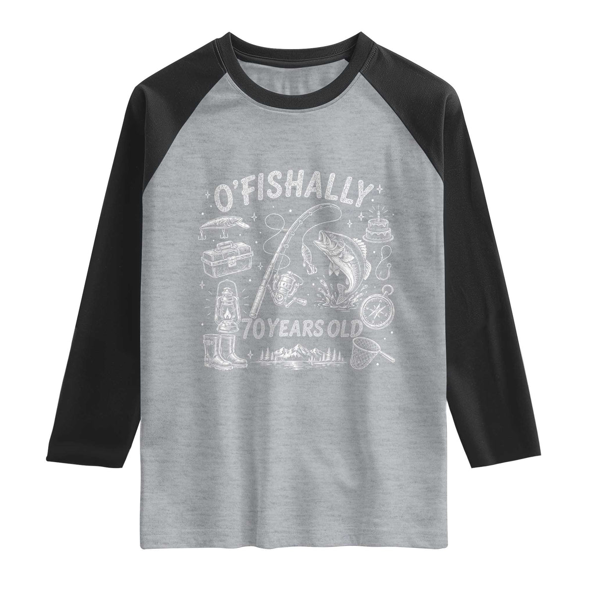 O'Fishally 70 Years Old Raglan Shirt Funny Fisherman Birthday Graphic TS12 Heather Gray Black Print Your Wear