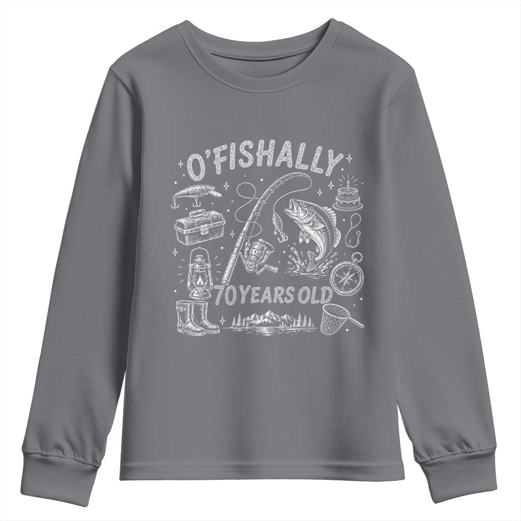 O'Fishally 70 Years Old Youth Sweatshirt Funny Fisherman Birthday Graphic TS12 Charcoal Print Your Wear