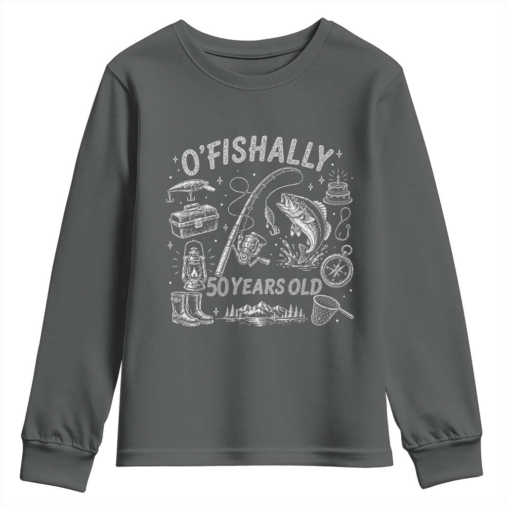 O'Fishally 50 Years Old Youth Sweatshirt Funny Fisherman Birthday Graphic TS12 Dark Heather Print Your Wear