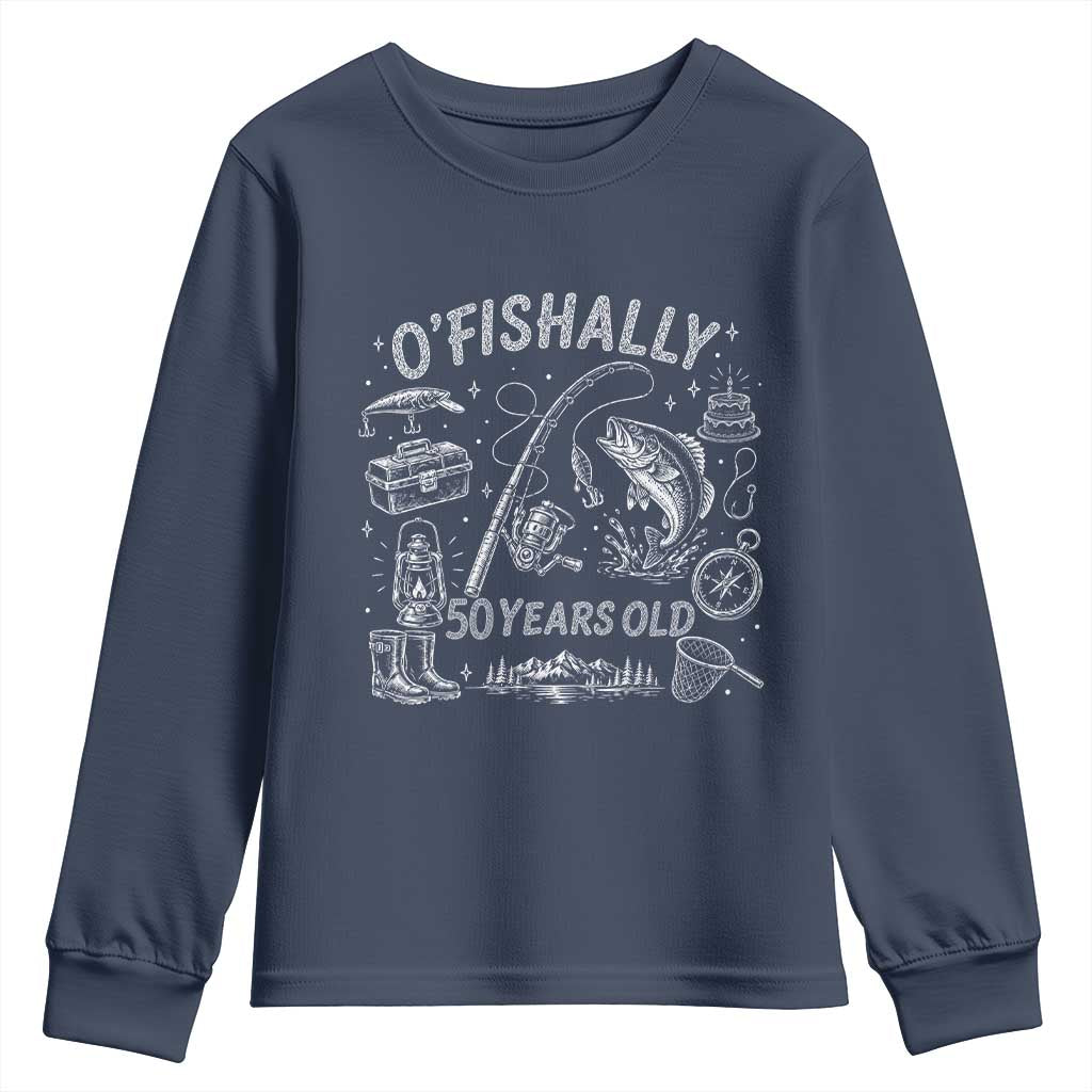 O'Fishally 50 Years Old Youth Sweatshirt Funny Fisherman Birthday Graphic TS12 Navy Print Your Wear