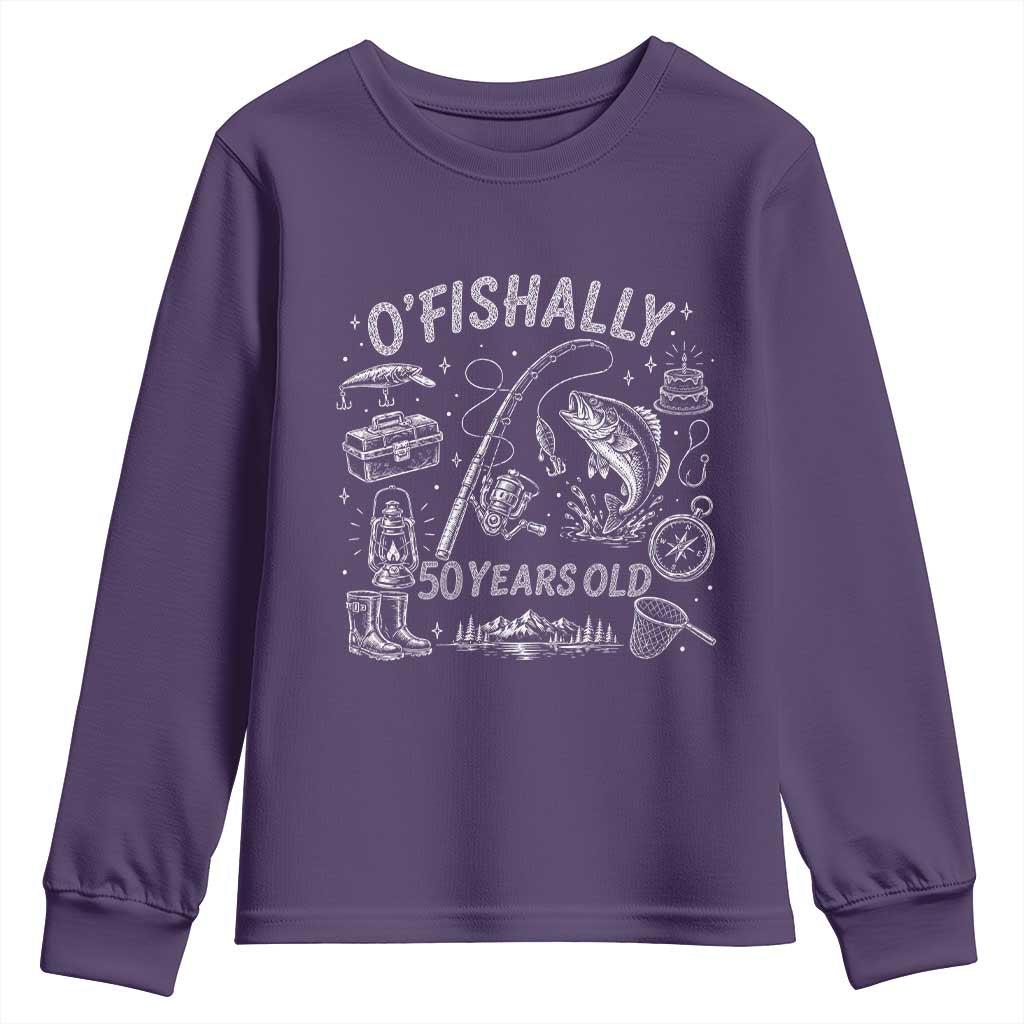 O'Fishally 50 Years Old Youth Sweatshirt Funny Fisherman Birthday Graphic TS12 Purple Print Your Wear