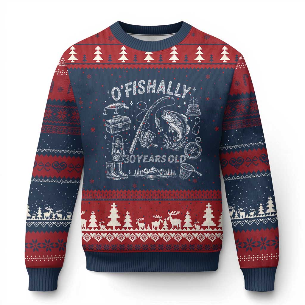 O'Fishally 30 Years Old Ugly Christmas Sweater Funny Fisherman Birthday Graphic TS12 Navy Red Print Your Wear