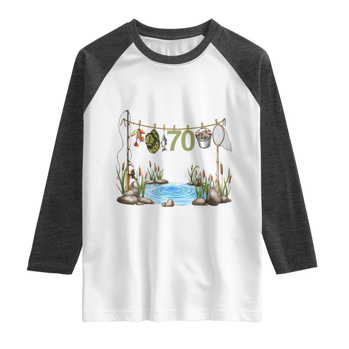70th Birthday Fishing Raglan Shirt Fisherman Birthday Party Gift TS12 White Heather Charcoal Print Your Wear