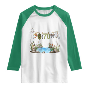 70th Birthday Fishing Raglan Shirt Fisherman Birthday Party Gift TS12 White Kelly Green Print Your Wear