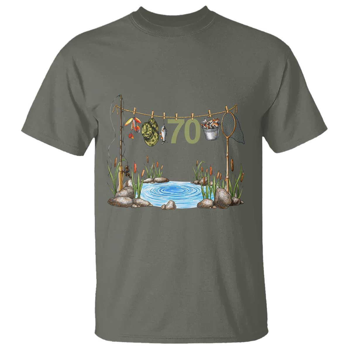 70th Birthday Fishing T Shirt Fisherman Birthday Party Gift TS12 Military Green Print Your Wear