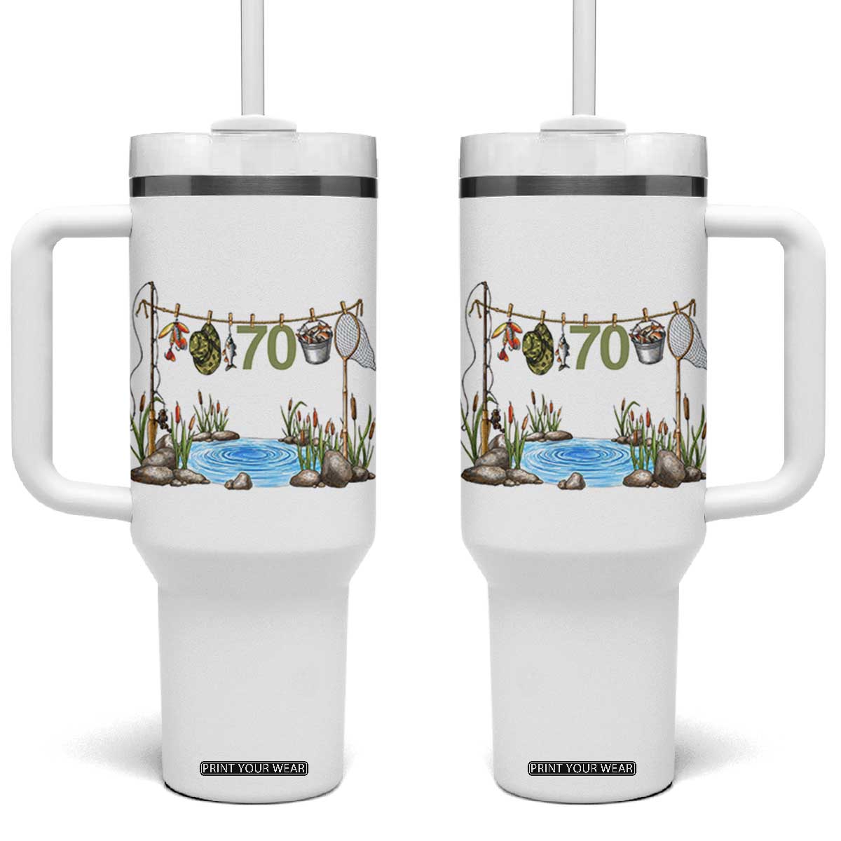 70th Birthday Fishing Tumbler With Handle Fisherman Birthday Party Gift TS12 One Size: 40 oz White Print Your Wear