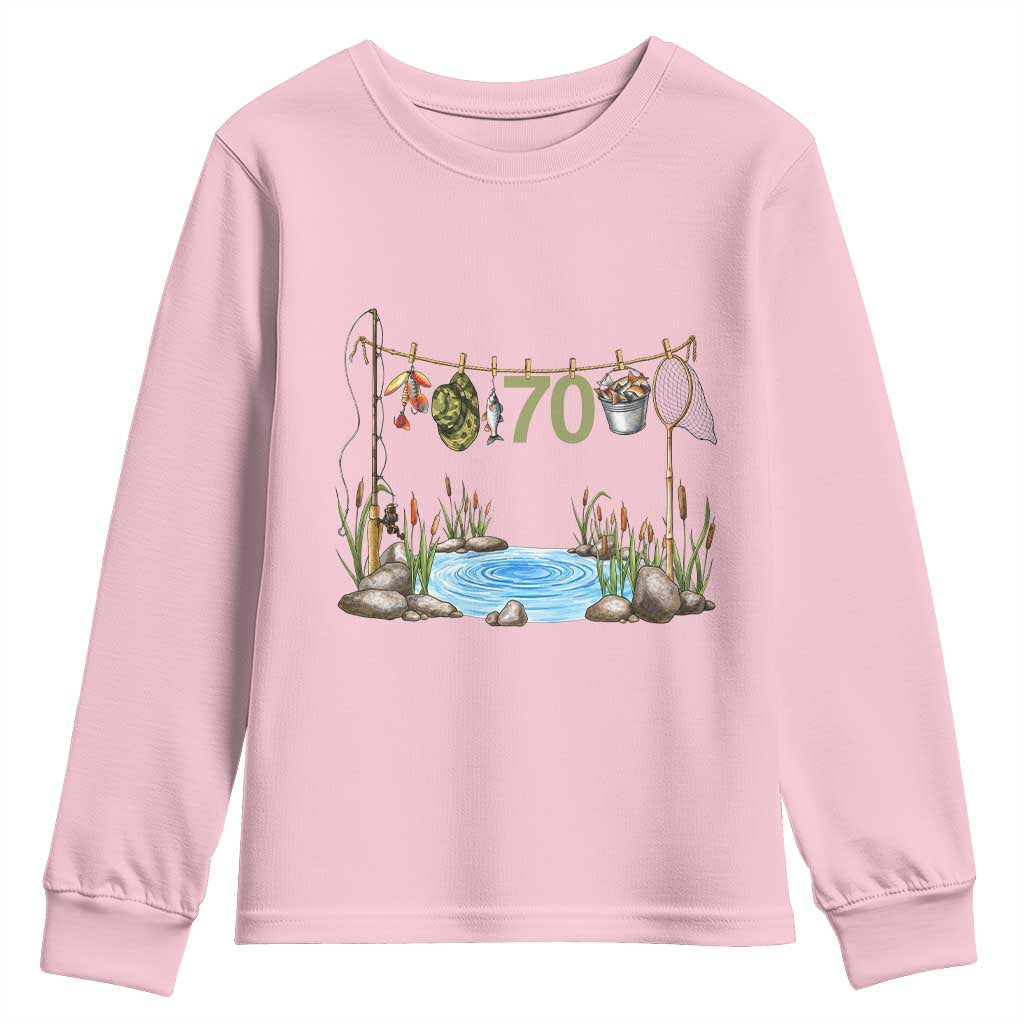 70th Birthday Fishing Youth Sweatshirt Fisherman Birthday Party Gift TS12 Light Pink Print Your Wear