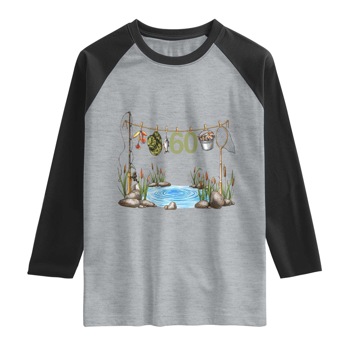 60th Birthday Fishing Raglan Shirt Fisherman Birthday Party Gift TS12 Heather Gray Black Print Your Wear