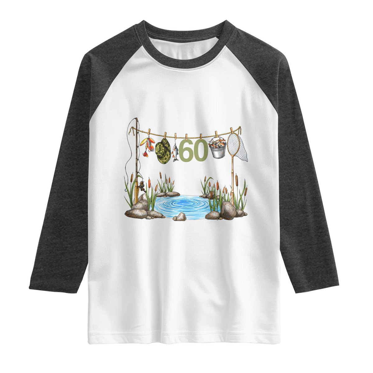 60th Birthday Fishing Raglan Shirt Fisherman Birthday Party Gift TS12 White Heather Charcoal Print Your Wear