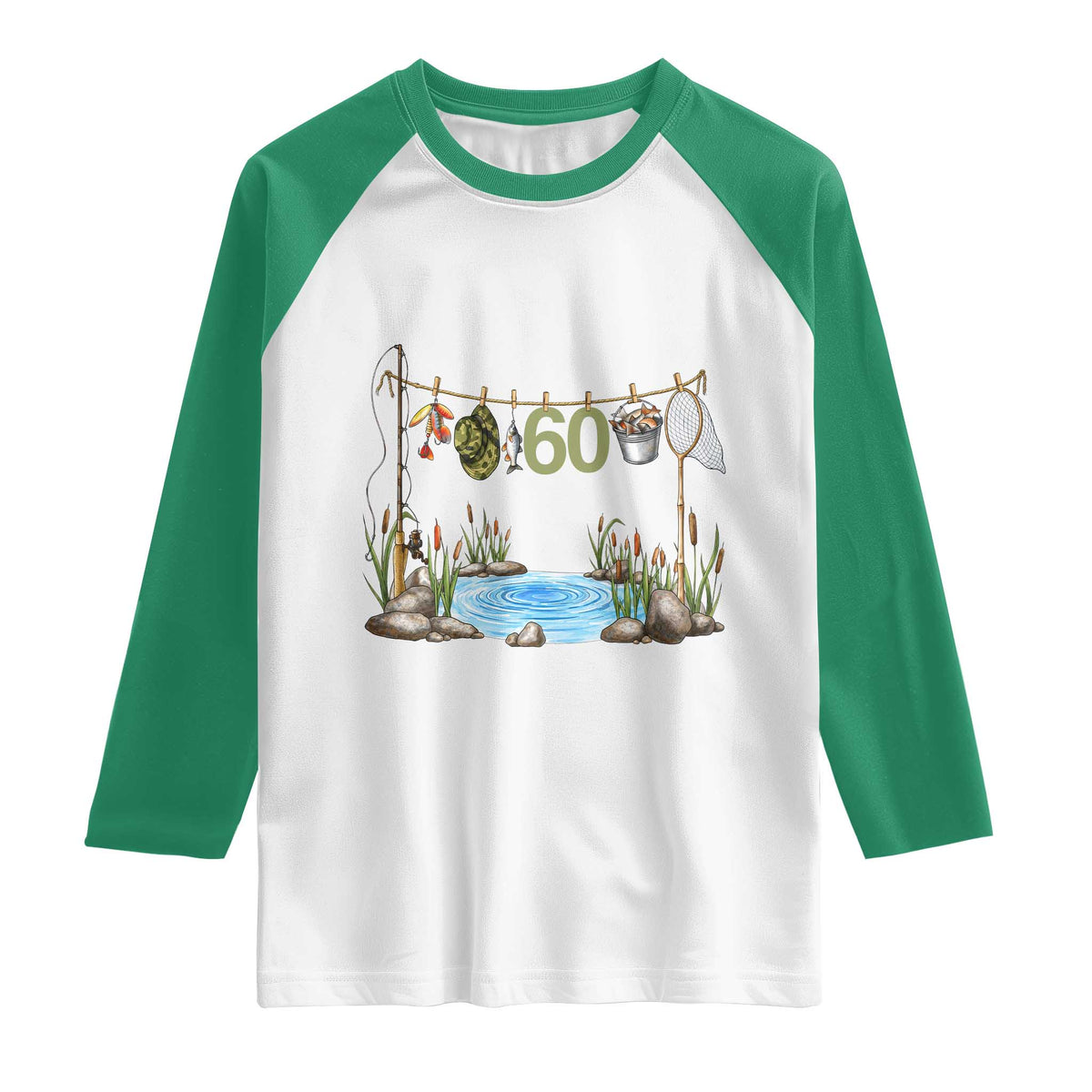 60th Birthday Fishing Raglan Shirt Fisherman Birthday Party Gift TS12 White Kelly Green Print Your Wear