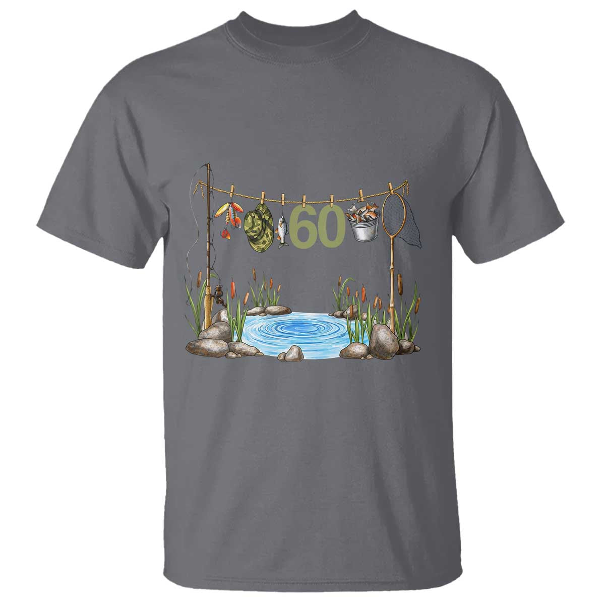 60th Birthday Fishing T Shirt Fisherman Birthday Party Gift TS12 Charcoal Print Your Wear