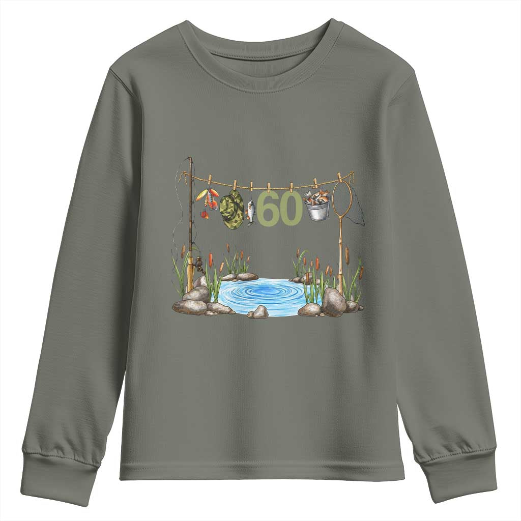 60th Birthday Fishing Youth Sweatshirt Fisherman Birthday Party Gift TS12 Military Green Print Your Wear