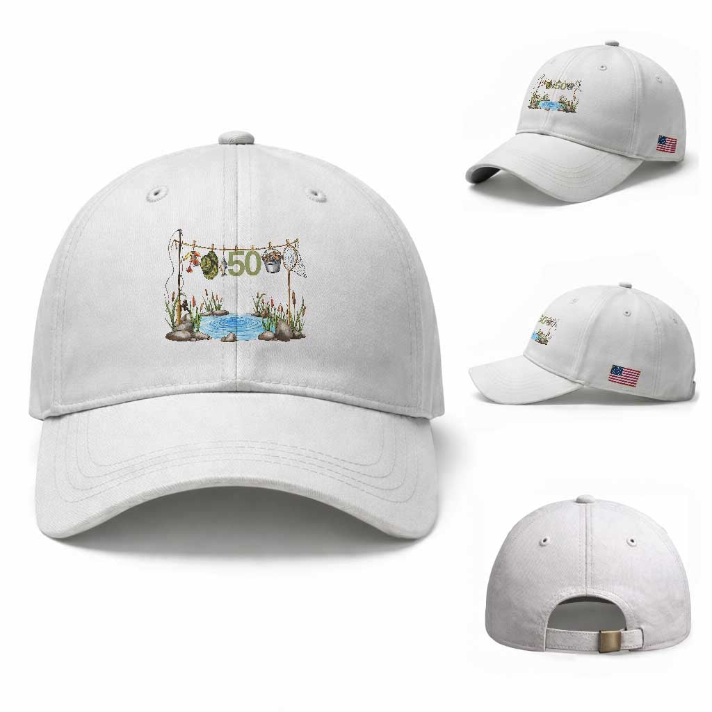50th Birthday Fishing Baseball Cap Fisherman Birthday Party Gift TS12 Baseball Cap Universal Fit White Print Your Wear