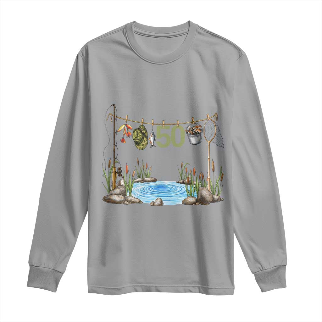50th Birthday Fishing Long Sleeve Shirt Fisherman Birthday Party Gift TS12 Sport Gray Print Your Wear