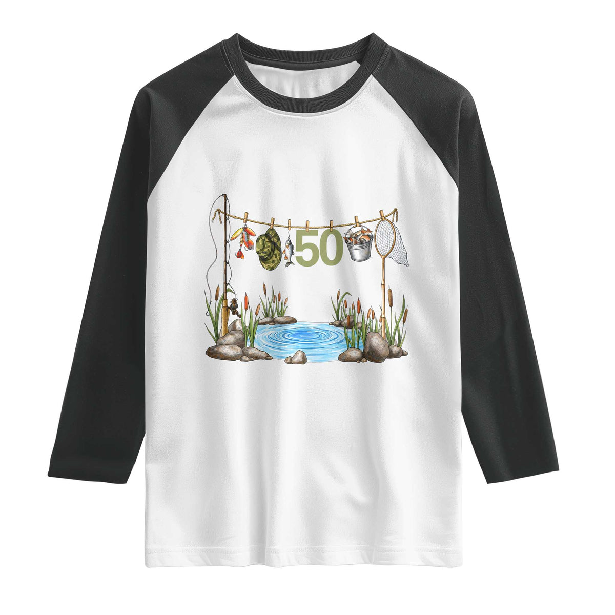 50th Birthday Fishing Raglan Shirt Fisherman Birthday Party Gift TS12 White Black Print Your Wear
