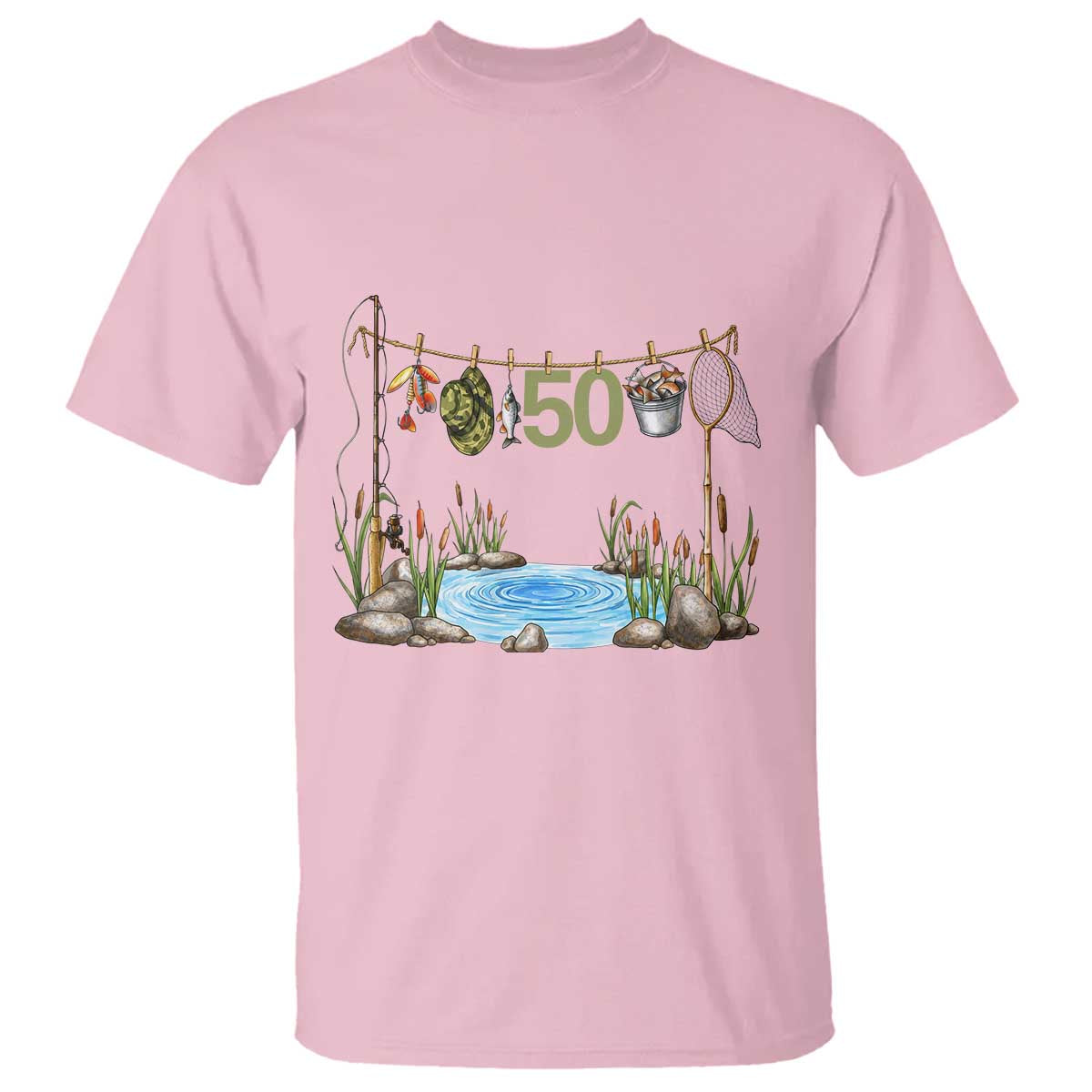 50th Birthday Fishing T Shirt Fisherman Birthday Party Gift TS12 Light Pink Print Your Wear