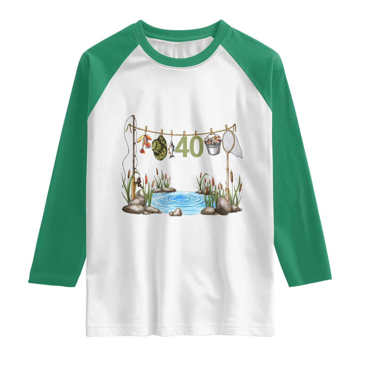 40th Birthday Fishing Raglan Shirt Fisherman Birthday Party Gift TS12 White Kelly Green Print Your Wear